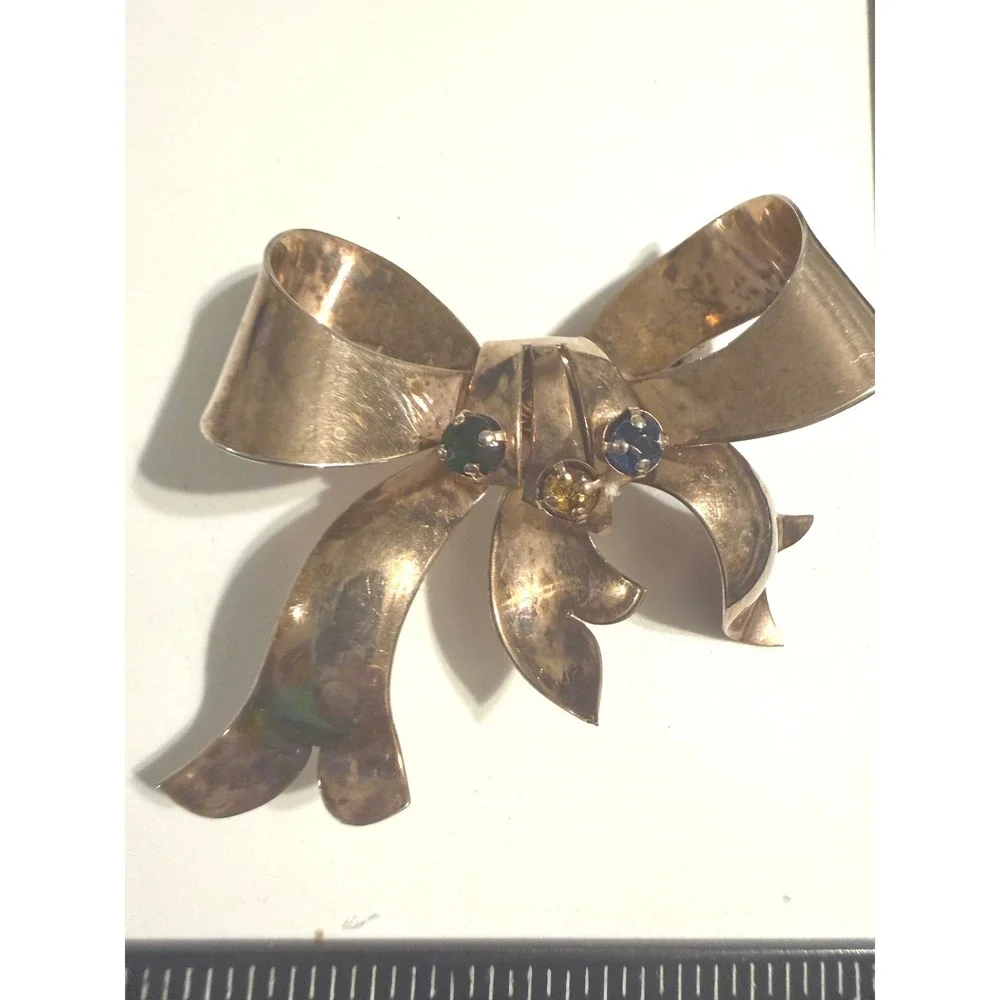 Vintage‎ Rose Gold Tone Bow Brooch Green Blue Yellow Rhinestone Mid Century Pin
